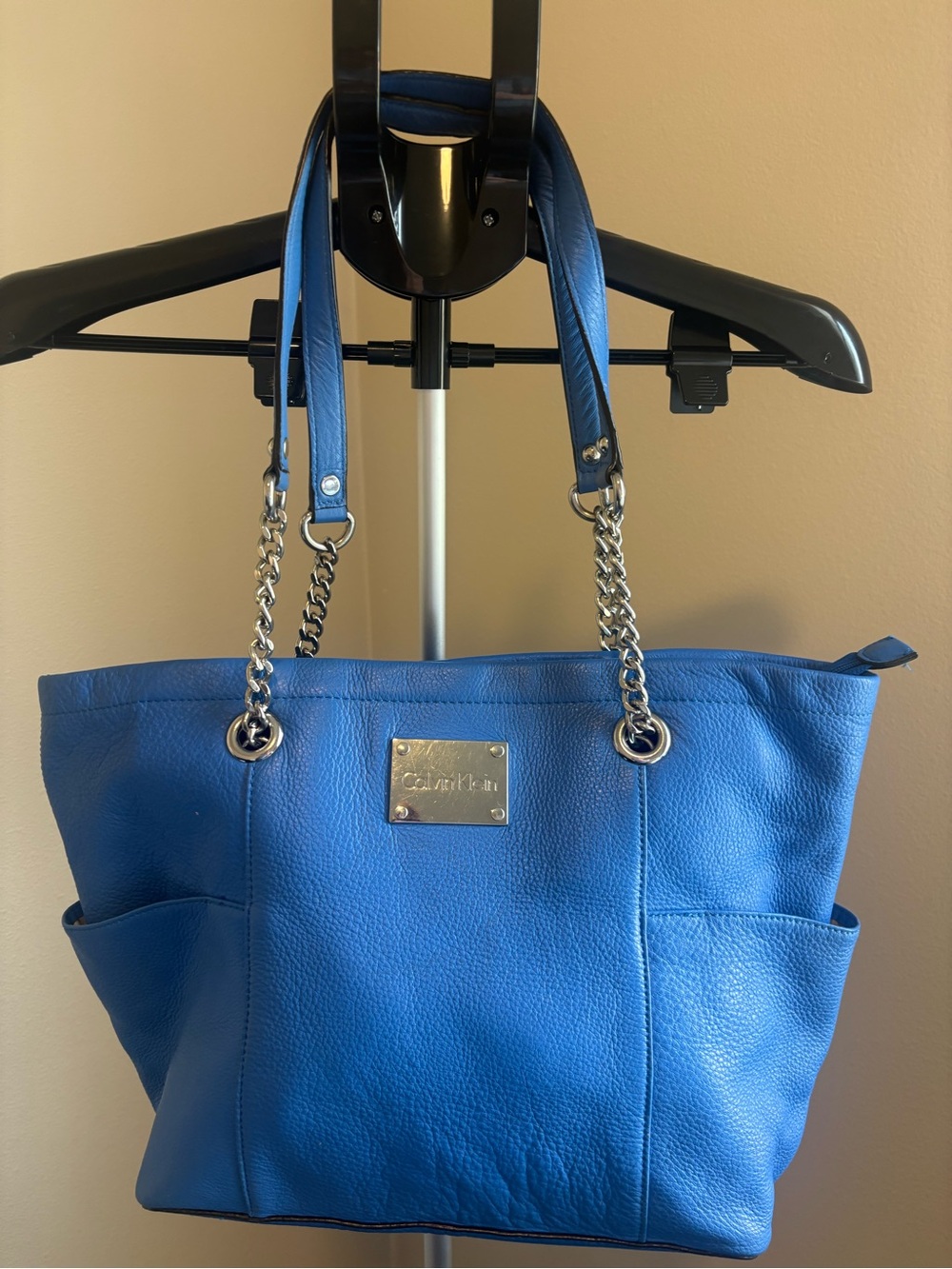 Calvin Klein Cobalt Blue Leather Tote - Silver Chain Accents (Gently Used)